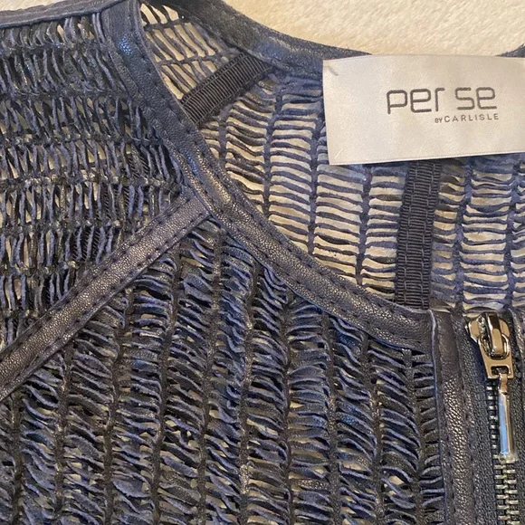 Per Se by Carlisle navy leather open mesh zip front cardigan poncho NWOT